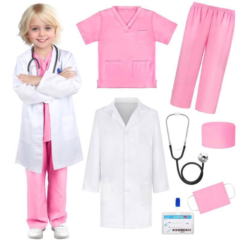 lot 34904 image: Doctor Costume for Kids Doctor Lab Coat for Kids Real Stethoscope, Girls Halloween Costumes age 3-11 (missing stethoscope) little stain on coat - Retail $26