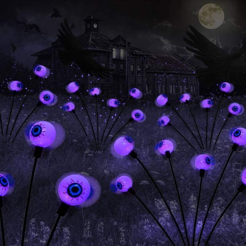 lot 34918 image: 2PACK Scary Eyeballs Solar Garden Light Halloween Decorations Outdoor,Swaying Firefly with 12LED Purple Spooky Eyes Lights-Waterproof Ornaments Solar Halloween Lights for Lawn, Patio, Party Decor - Retail $19