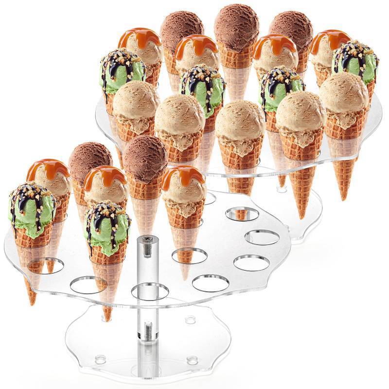 lot 34926 image: 2 Pack Ice Cream Cone Holder, 16 Holes Acrylic Waffle Cone Display Stand, Clear Hand Roll Sushi Popcorn Rack for Party Buffet Birthday Wedding - Retail $15