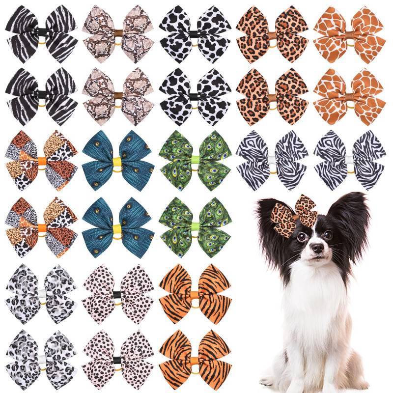 lot 34939 image: 24Pcs12 Pairs Big Dog Hair Bows Animal Print Zebra Leopard Snake Tiger Peacock Cheetah Snow Leopard Giraffe and Cow for Large Breed Girl Boy Bowknot Topknot Grooming Hair Accessories - Retail $13
