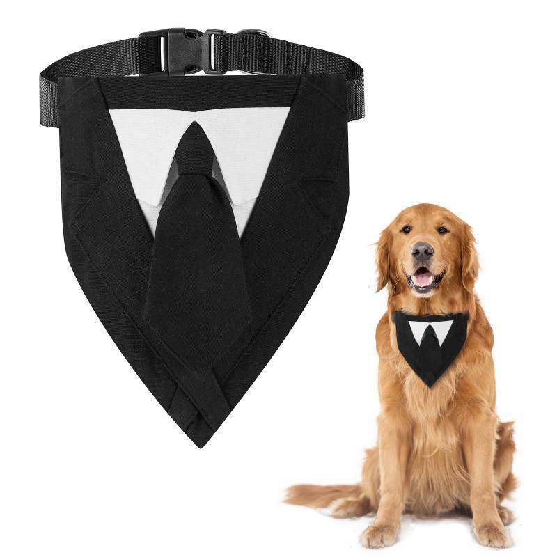 lot 34940 image: Dog Tuxedo Adjustable Buckle Formal with Bow Tie Costume Pet Party Tux Bandana Dog Wedding Collar for Small Medium Large (Black Tie-L)