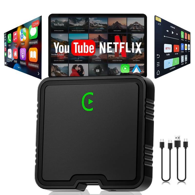 lot 34944 image: Wireless CarPlay Adapter, Car Play Adapter with NetflixYouTubeTF Card Plug & Play Dongle Support, Ai Box USB Dongle for Android Auto from 2015&iPhone iOS10 - Retail $120