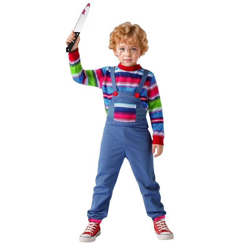 lot 34977 image: Kids Chucky Costume Killer Good Guy Chucky Cosplay Jumpsuit Bodysuit One-Piece Outfits for Boys Girls Halloween Multicolor (Red stain) small - Retail $23