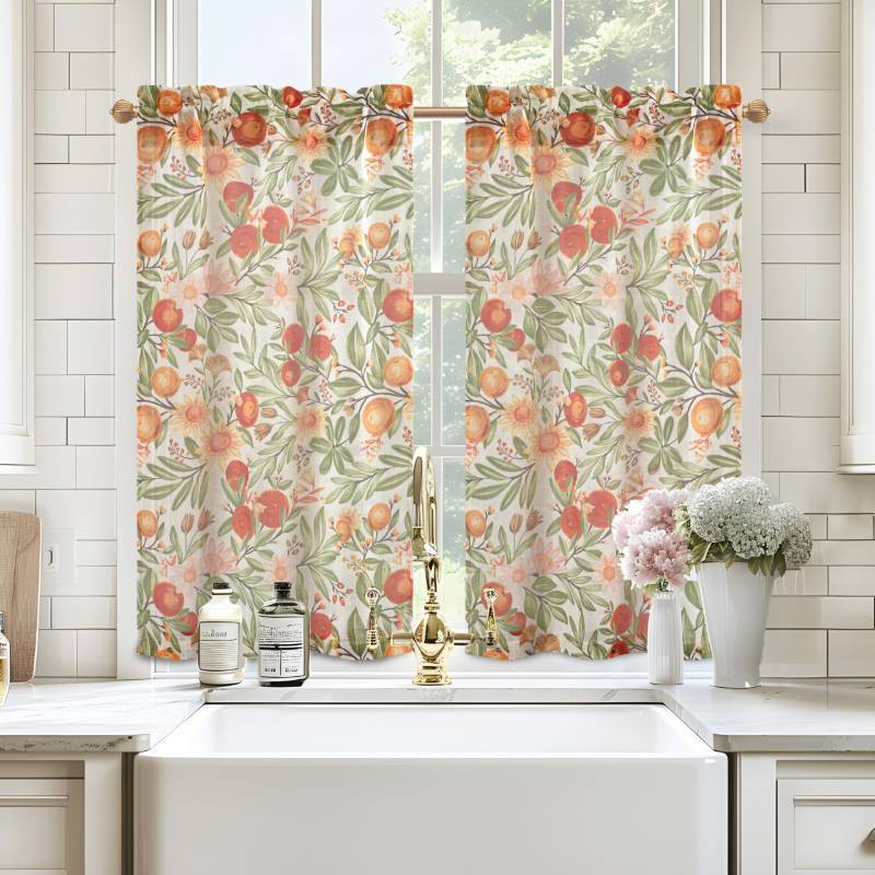 lot 34984 image: Kitchen Curtains Orange Harvest Floral Linen Short Curtains Cafe 45 Inch Length for Living Room Bathroom Autumn Fall Printed Patterned Vintage Rod Pocket 2 Panels Orange Coral Gold