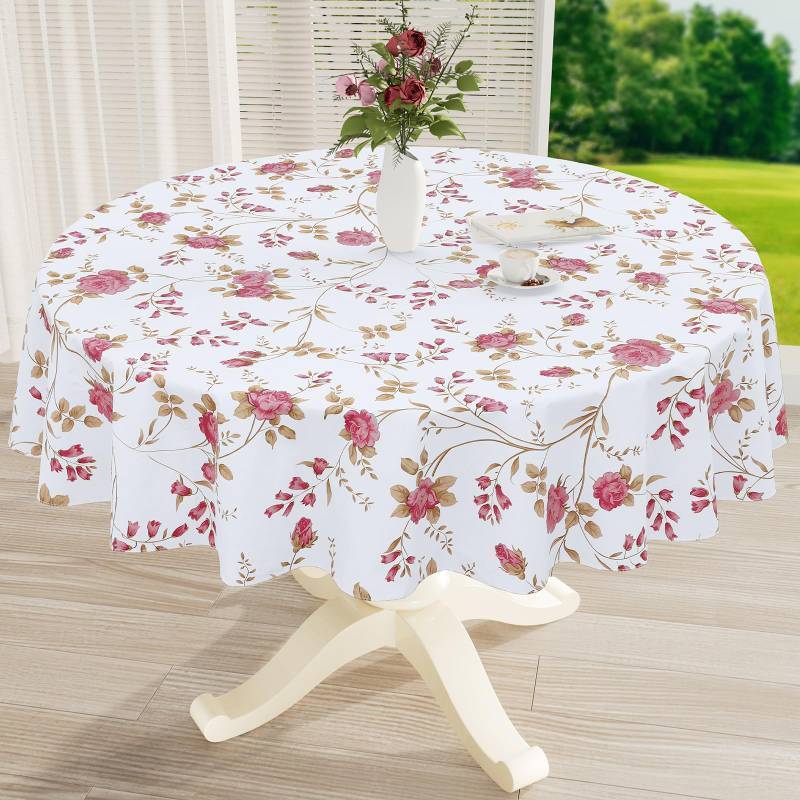 lot 34989 image: Round Waterproof Vinyl Table Cloth, Plastic Tablecloth with Flannel Backing, Wipeable Table Cover for Dinner, Picnic, Indoor and Outdoor (Pink Flowers, 60)