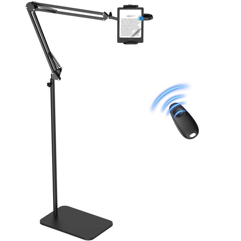 lot 35001 image: Floor Tablet Holder for Kindle with Remote Page Turner, Kindle Stand for Reading in Bed on Paperwhite Colorsoft Scribe E-reader, Lazy Arm Phone Mount for E-book Reading with Clicker Accessories - Retail $79