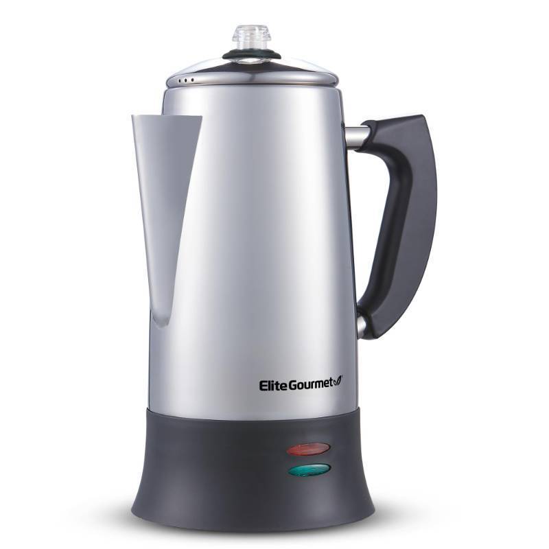 lot 35009 image: Elite Gourmet EC924 Electric Coffee Percolator, BPA Free, Keep Warm, Clear Brew Progress Knob, Cool-Touch Handle, Cordless Serve, 12-Cup, Stainless Steel - Retail $46