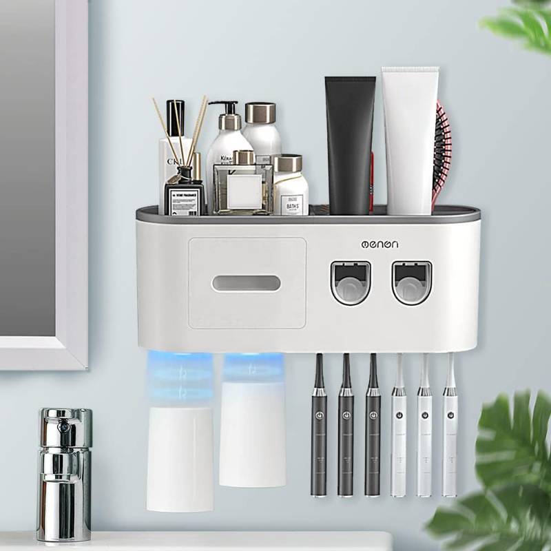 lot 35014 image: Toothbrush Holders Wall Mounted, Toothbrush Holder with Automatic Toothpaste Dispensers, 6 Brush Slots, 2 Magnetic Cups,1 Cosmetic Drawer Organizer and 1 Large Storage Tray - Retail $28