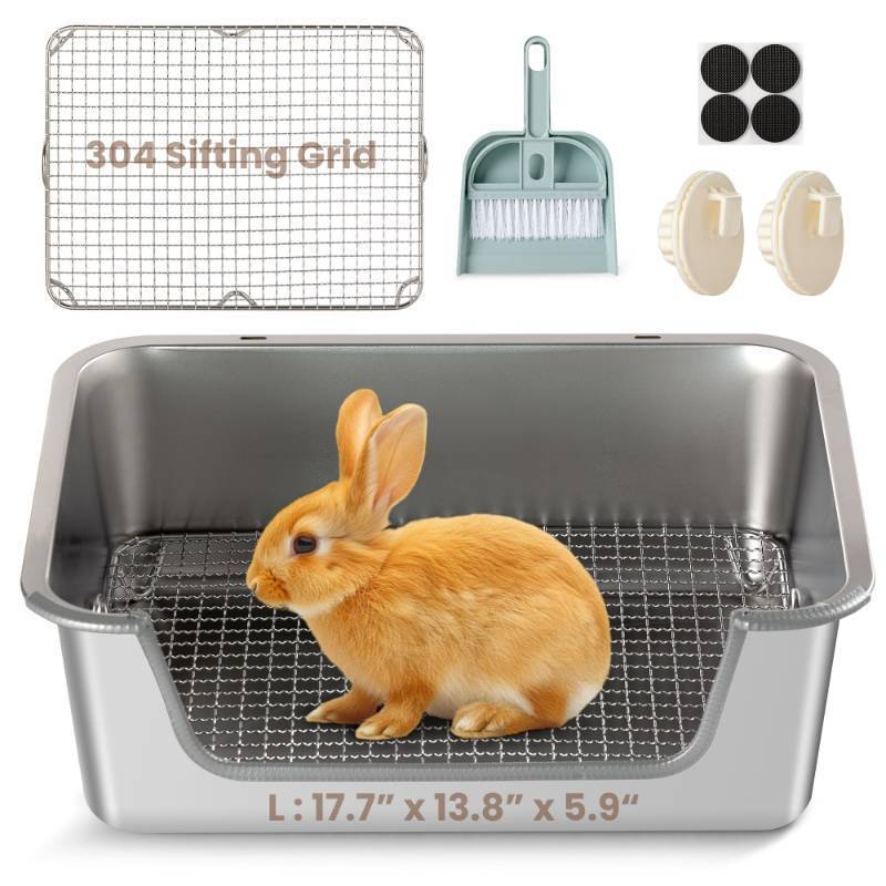 lot 35017 image: Aothey Rabbit Litter Box, Extra Large Bunny Litter Box with 304 Stainless Steel Sifting Tray & Hooks, Rabbit Litter Box, Easy to Clean and Odor Control (17.7x13.8x5.9) - Retail $69