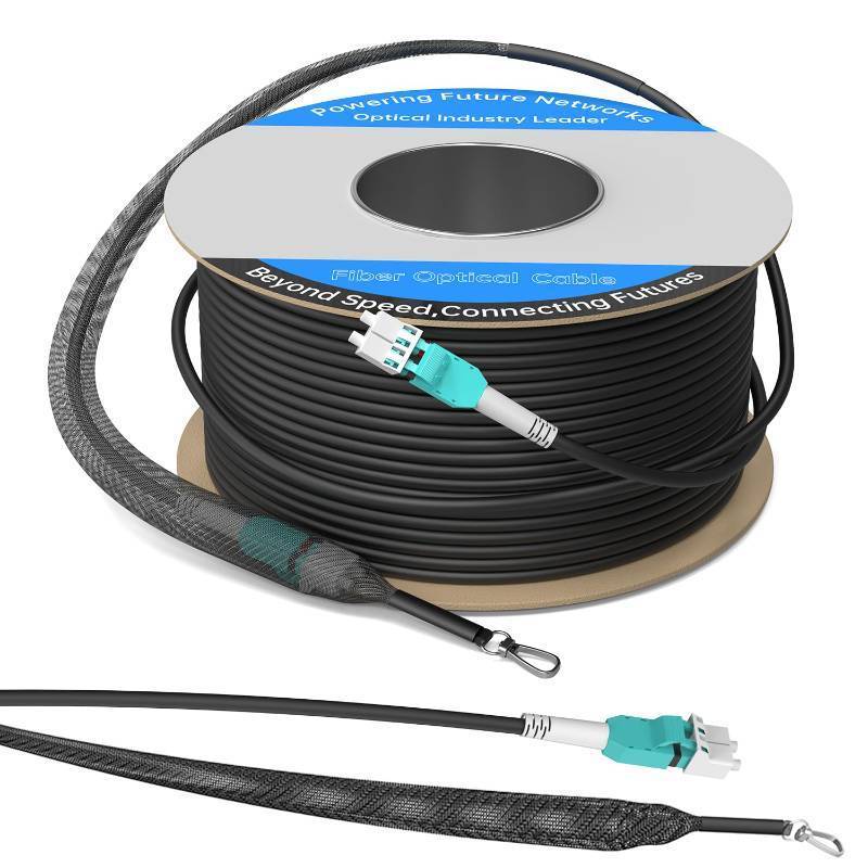 lot 35030 image: 100M328FT OM3OM4 LC to LC Outdoor Armored Fiber Optic Patch Cable, Multimode Duplex 50125m, 10Gb40Gb100Gb, Industrial TPU Jacket, Direct Burial, Uniboot, MMF, OD 5mm, Pulling Eye Kit Installed - Retail $149