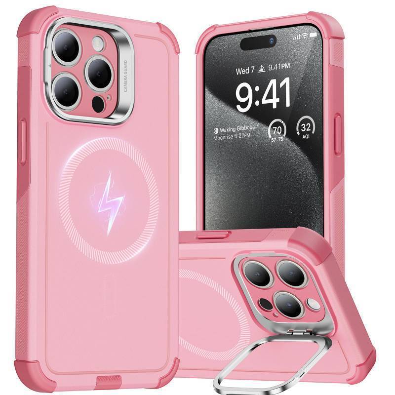 lot 61450 image: ESR for iPhone 15 Pro Max Case with Stand, 23 ft Military-Grade Drop Protection, Heavy Duty Magnetic Phone Case, Compatible with MagSafe Accessories, Cyber Series, Pink - Retail $22