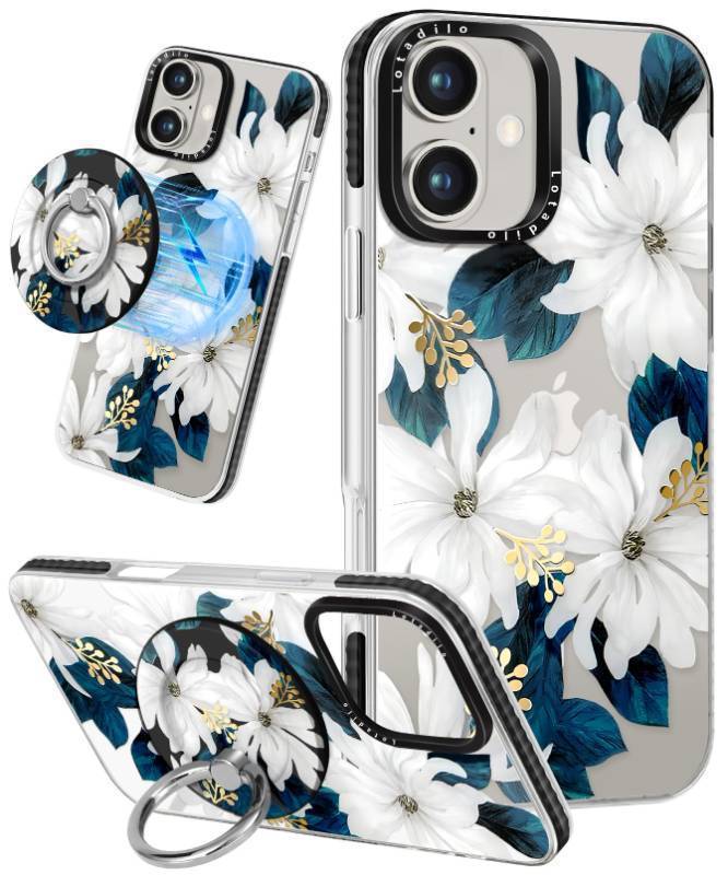 lot 43548 image: Case for iPhone 17 Case Compatible with Magsafe Ring Holder Stand - for Women Blue Flower Design TPU Phone Cover for Girls Girly Funny Fashion - Retail $19