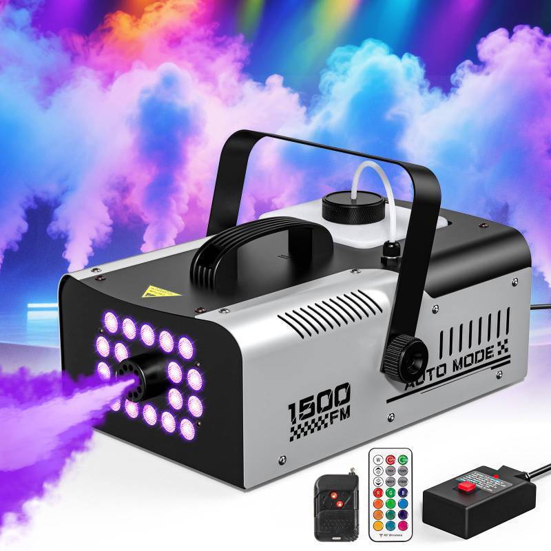 lot 54322 image: 1500W Fog Machine Outdoor Indoor, Halloween Smoke Machine Fog with 20000 CFM Fog Output, 18 Lights 13 Colors and Remote Controls for Party Stage Effect - Retail $120