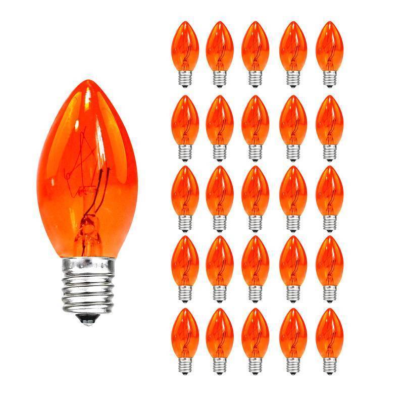 lot 15026 image: C7 Replacement Bulbs, Orange Halloween Lights, E12 Candelabra Base 5W Incandescent Christmas Light Bulbs for Outdoor String Lights, Patio, Holiday Party Decor - 25 Pack - Retail $11