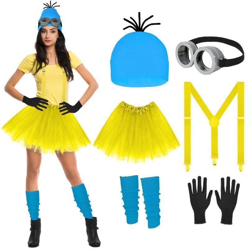 lot 15057 image: 6Pcs Womens Halloween Costume Accessory Set, GogglesBlue HatYellow SkirtYellow SuspenderGlovesBlue Stockings