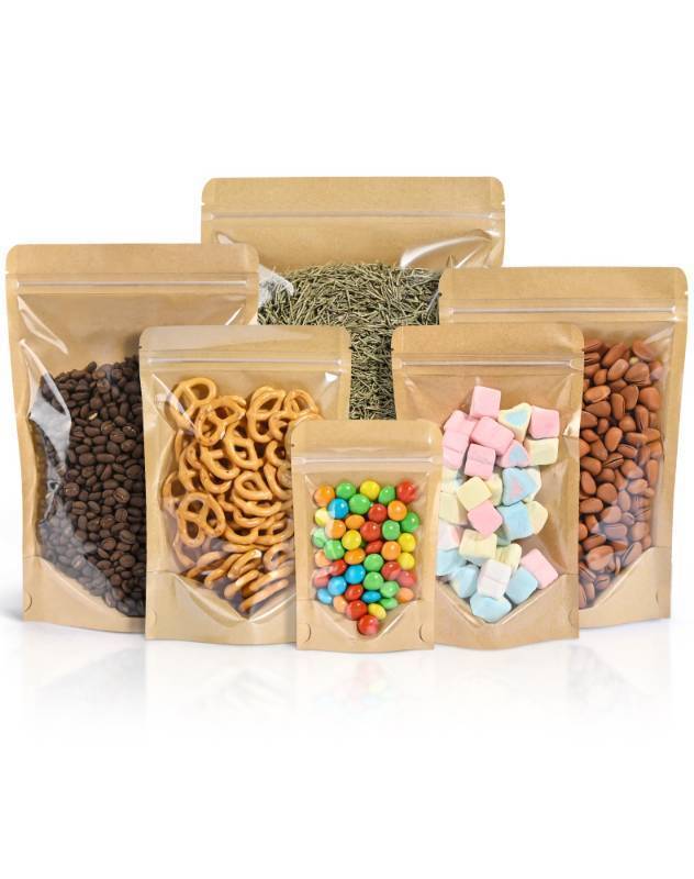lot 15058 image: 100PCS Stand Up Pouches 3.5x5.5 Paper Bags With Window Clear Front Pouches Resealable Zipper Food Storage Brown