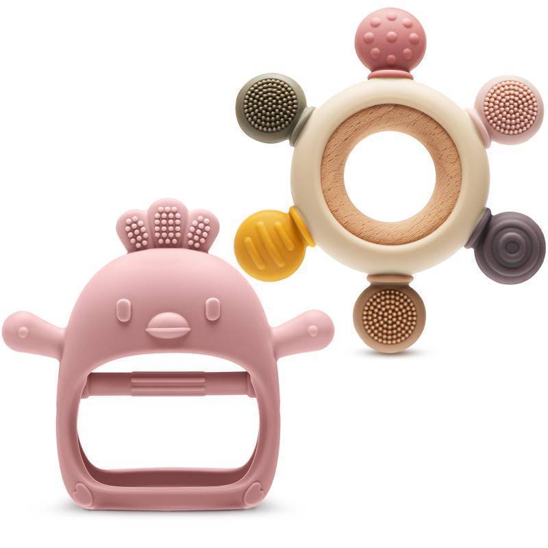 lot 15091 image: 2 Packs Baby Teething Toy for 3-6 6-12 Months, Teether Mitten & Silicone Rudder with Wooden Ring, Food Grade Silicone, BPA-Free, Baby Chew Toys for Sucking Needs - Retail $13