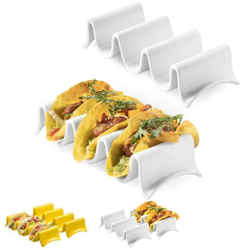 lot 71712 image: Taco Holders Set of 2, Porcelain Large Taco Tray with Handles, Reusable and Stackable Taco Plates, Perfect for Burritos and Tortillas Holder Handles, Oven & Microwave Safe - Retail $21