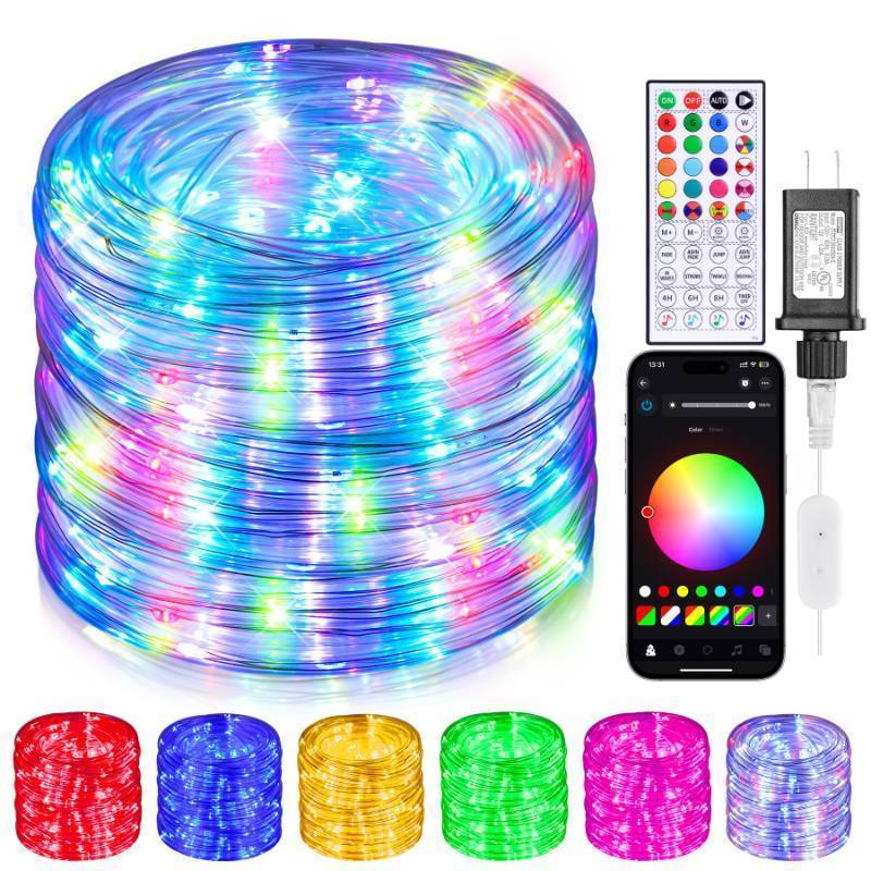 lot 71908 image: 99ft Rope Lights for Outside, 300 LED String Light Outdoor Waterproof Plug in with Remote & APP Control, 16 Million Colors Changing Music Sync Fairy Lighting for Indoor Bedroom Christmas Decor - Retail $43