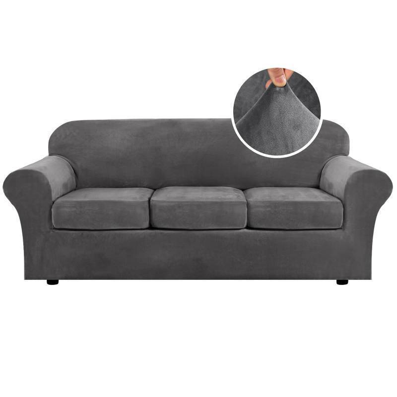 lot 71944 image: 4 Pieces Thick Velvet Sofa Covers Couch Covers for 3 Cushion Couch Sofa High Stretch Slipcovers Furniture Protector Form Fit Luxury Couch Cover for Dogs Width Up to 90 Inch(Sofa,Grey) - Retail $33