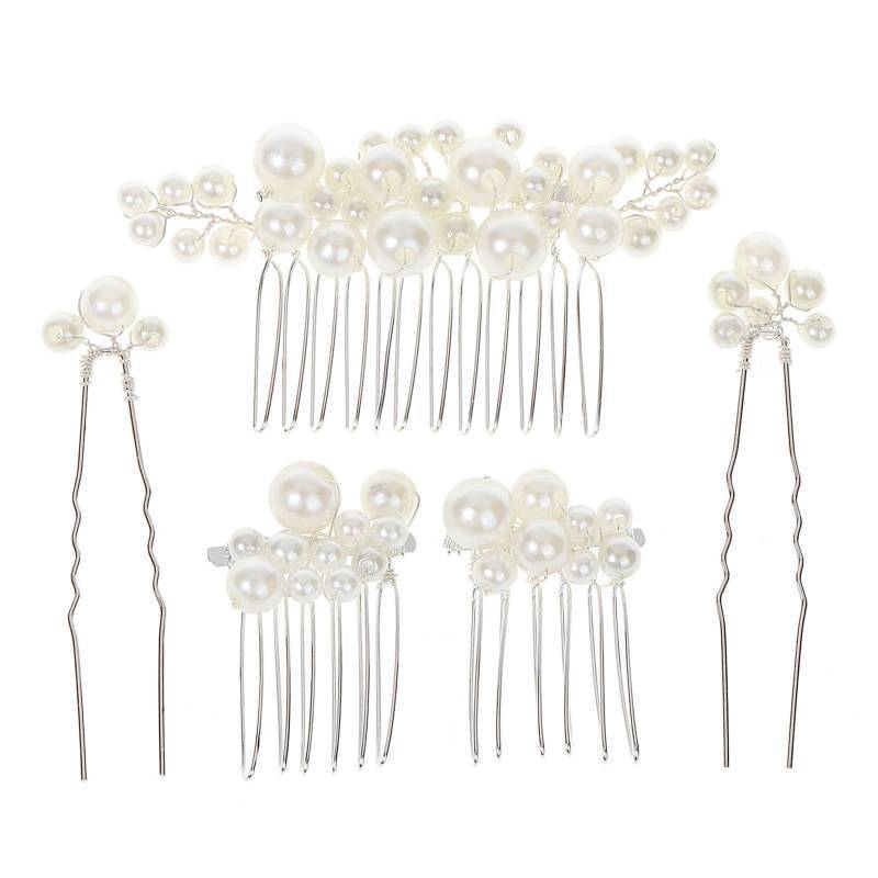 lot 71971 image: Hair Combs and Hair Pins for Bridal Women, Decorative Hair Accessories for Wedding Prom, Set of 5 (Silver)