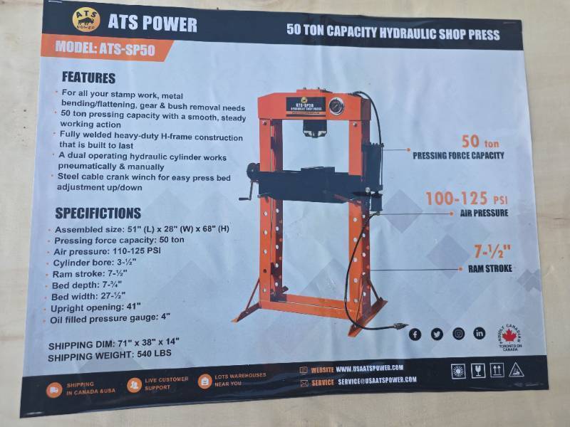 lot 2350 image: ATS Power 50 Ton Hydraulic Shop Press Model SP50