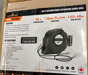 lot 2867 image: Unused Landhonor 50Ft Retractable Extension Cable Reel  LHR-CR50