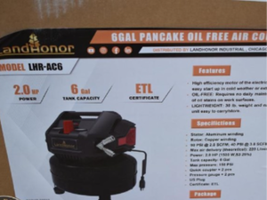 lot 2924 image: Unused Landhonor 6GAL Pancake oil free Air Compressor  LHR-AC6