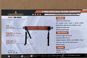 lot 2934 image: Unused Landhonor 2 pack Adjustable Folding Sawhorses LHR-ASH42