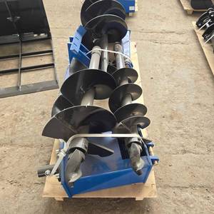 lot 10707 image: Unused Heavy Duty Hydraulic Skid Steer Auger Drive Unit with Multiple Auger Bits  Blue