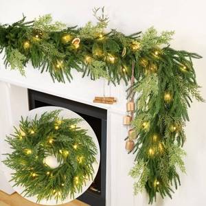 lot 6385 image: Prelit & Timer - 6 Ft by 12 Inch Christmas Garland with Lights, Real Touch Norfolk Pine Garlands Cedar Garland Artificial Realistic Soft Thickness 120 Pine Cypress Tips for Mantle Table Stairs Railing