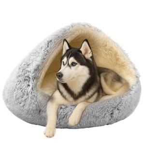 lot 6386 image: ShinHye Round Plush Fluffy Hooded Cat Bed Cave, Cozy for Indoor Cats or Small Dogs, Waterproof Bottom, Washable 35 in
