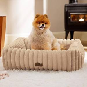 lot 6389 image: Bedsure ComfyFleece Cute Dog Bed for Small Medium Dogs - Washable Furry Puppy Beds, Rectangle Orthopedic Corduroy Fleece Pet Beds with Removable Zipper Cover, 25x21x7inches,Sandy Beige