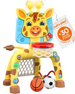 lot 6397 image: Move2Play, Giraffe Basketball Hoop & Soccer Goal Activity Center  30 Sounds & Songs  5 Lights  1 2 3 Year Old Birthday Gift for Boys and Girls  Toy for Baby & Toddlers (Yellow)