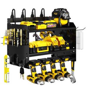 Wide Power Tool Organizer Wall Mount with Charging Station,3 Layer Adjustable Heavy Duty Tool Storage Rack with 8 Outlet Power Strip for Drill,Cordless Tools,Suitable Utility Rack for Garage,Black