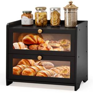lot 6411 image: JANSNIMEN Double Layer Bread Box for Kitchen Countertop, Large Breadbox Bread Container Storage with Acrylic Door, Wooden Farmhouse Bread Holder (Blaeck, Medim-15.7 L x 9.5 W x 13 H)