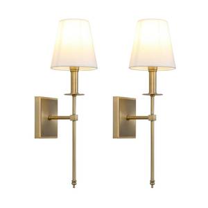 lot 6447 image: PERMO Set of 2 Classic Rustic Industrial Wall Sconce Lighting Fixture with Flared White Textile Lamp Shade and Antique Brass Tapered Column Stand, Hardwired, E26 Base