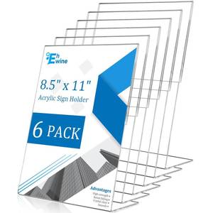 lot 6457 image: EHWINE 6 Pack 8.5 x 11 Acrylic Sign Holder, Clear Plastic Signs Display Stand, Vertical Slanted Back Paper Holder Stand up Table Top Sign Holders Flyer Stand Frames Suitable for Office Business Store
