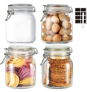 lot 6459 image: 32oz Glass Food Storage Jars with Airtight Clamp Lids,Set of 4 Airtight Glass Canister Square- Clear Storage Container for Kitchen Container Storing Sugar, Flour, Cereal,Coffee,Spice