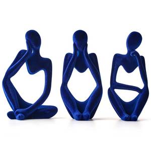 lot 6462 image: FJS Living Room Decor Flocked Thinker Statue, 4.7 H Navy Blue Abstract Art Sculpture - Set of 3 for Home, Office, Shelf, Table Decoration