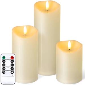 lot 6490 image: Outdoor Flameless Candles with Remote Timer - Waterproof Realistic Flickering LED Pillar Electric Battery Operated Fake Candle for Holiday Home Wedding Fireplace Decor - Ivory 3 Pack (D3 H4,6,8)