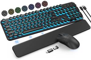 lot 6508 image: Wireless Keyboard and Mouse Backlit - Typewriter Keyboard with Magnetic Wrist Rest, Retro Round Keycaps, Light Up Letters, 2.4GHz Cordless Combo for Mac, Windows, PC, Laptop, Trueque Upgraded