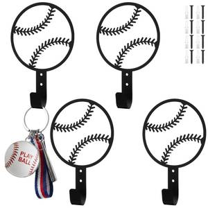 lot 6513 image: Otoolling 4 Pcs Baseball Metal Key Hooks for Wall Decorative Key Holder 4.7 x 7.1 Inches Coat Rack Wall Mounted Black Art Decor for Gift Coats Hats Towels Bags Hanging