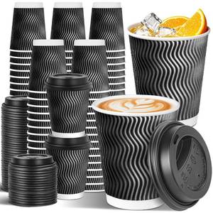 lot 6514 image: Sipthene 100 Pack 8 oz Disposable Coffee Cups with Lids, To Go Insulated Thick Coffee Cups for HotCold Beverage, Corrugated Ripple Wall Cups for Espresso Coffee, Hot Chocolate and Cocoa - Black