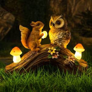 lot 6517 image: WONDHOME Solar Owl Garden Statues Outdoor Decor Resin Owl Squirrel Figurine with Mushroom Lights for Patio Lawn Yard Decorations Christmas Birthday Housewarming Gardening Gifts for Women Mom