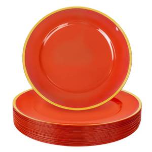 lot 6526 image: WDF 25PCS Red Plastic Charger Plates - 12inch Red and Gold Chargers for Dinner - Disposable Charge Plates - Perfect for Wedding Baby Shower Spring Birthday Elegant Tabletop Decor