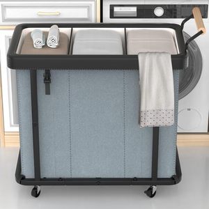 lot 6527 image: 60 Gal (230L) Laundry Hamper 3 Section with Lid, Leather Patchwork Laundry Sorter with Rolling Lockable Wheels and Handle, Laundry Basket Organizer for Laundry Room, Bedroom and Bathroom - Gray