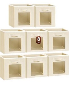 lot 6551 image: Foldable Storage Cubes - Cubby Storage Organizer with Window, Decorative Baskets for Organizing, Fabric Bins for Clothes Storage, Closet Storage Cubes-11inch, Set of 8, Beige