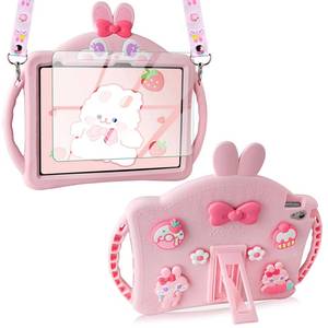 lot 6572 image: VOFUOE for iPad 10th Generation Case 10.9 Inch 2022 Kids Girls for iPad A16 Case 11th Generation 2025 with Screen Protector Shoulder Straps Handle Cute Rabbit Soft Silicone Tablet Cover-Pink