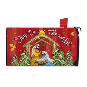 lot 6579 image: FBCOO Christmas Nativity Christian Mailbox Cover Magnetic Standard Size 20.5 x 18, Religious Xmas Jesus Joy to The World Decorative Post Letter Box Decor, Red Holiday Garden Yard Outdoor Decoration
